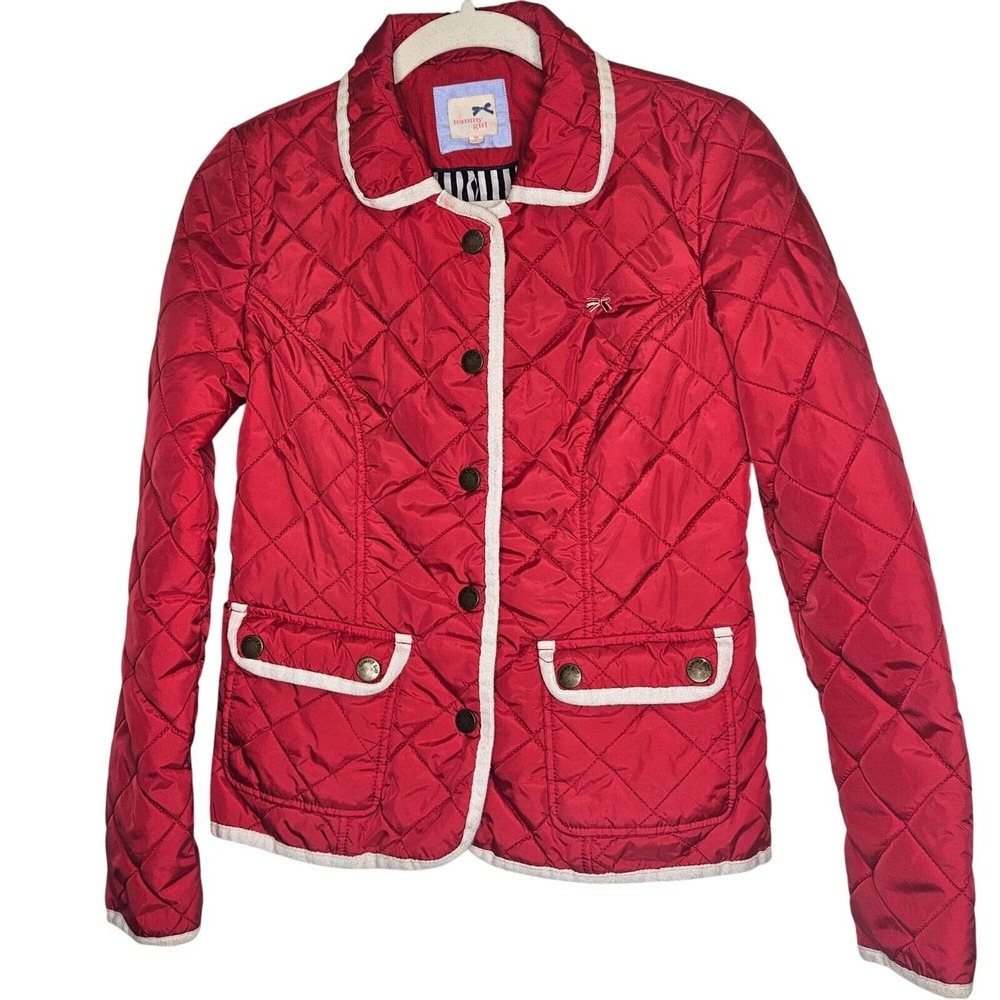 Tommy Girl Juniors Quilted Red Jacket White Trim Button Snap Medium Bow Feminine